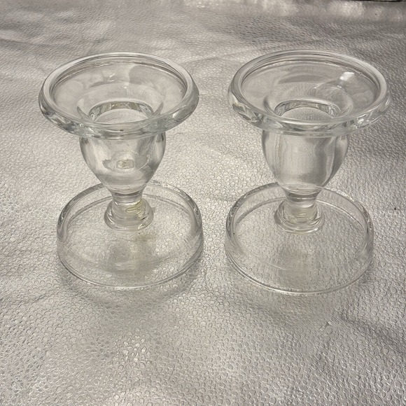 Vintage‎ 80s Pair Clear Glass Candle Holders Pair 4.5" Elegant Farmhouse Cottage - Picture 2 of 9